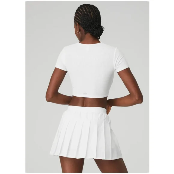Alo Ribbed Knotty Short Sleeve Top | White | S - Picture 3 of 5